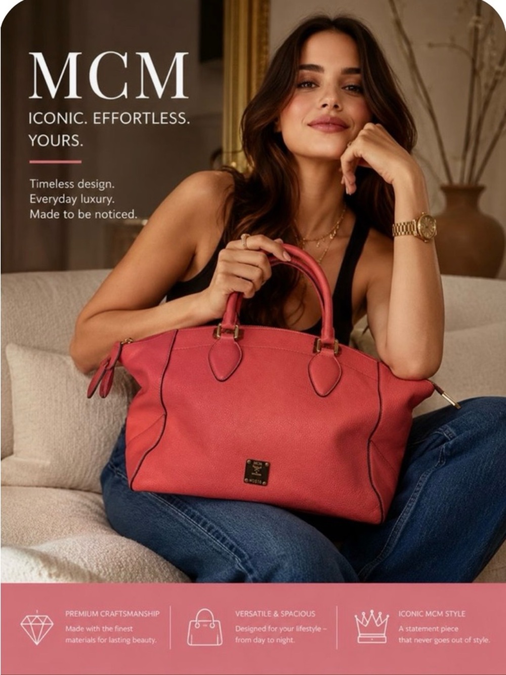 ✨ MCM Milla Pebbled Leather Tote – Coral Pink